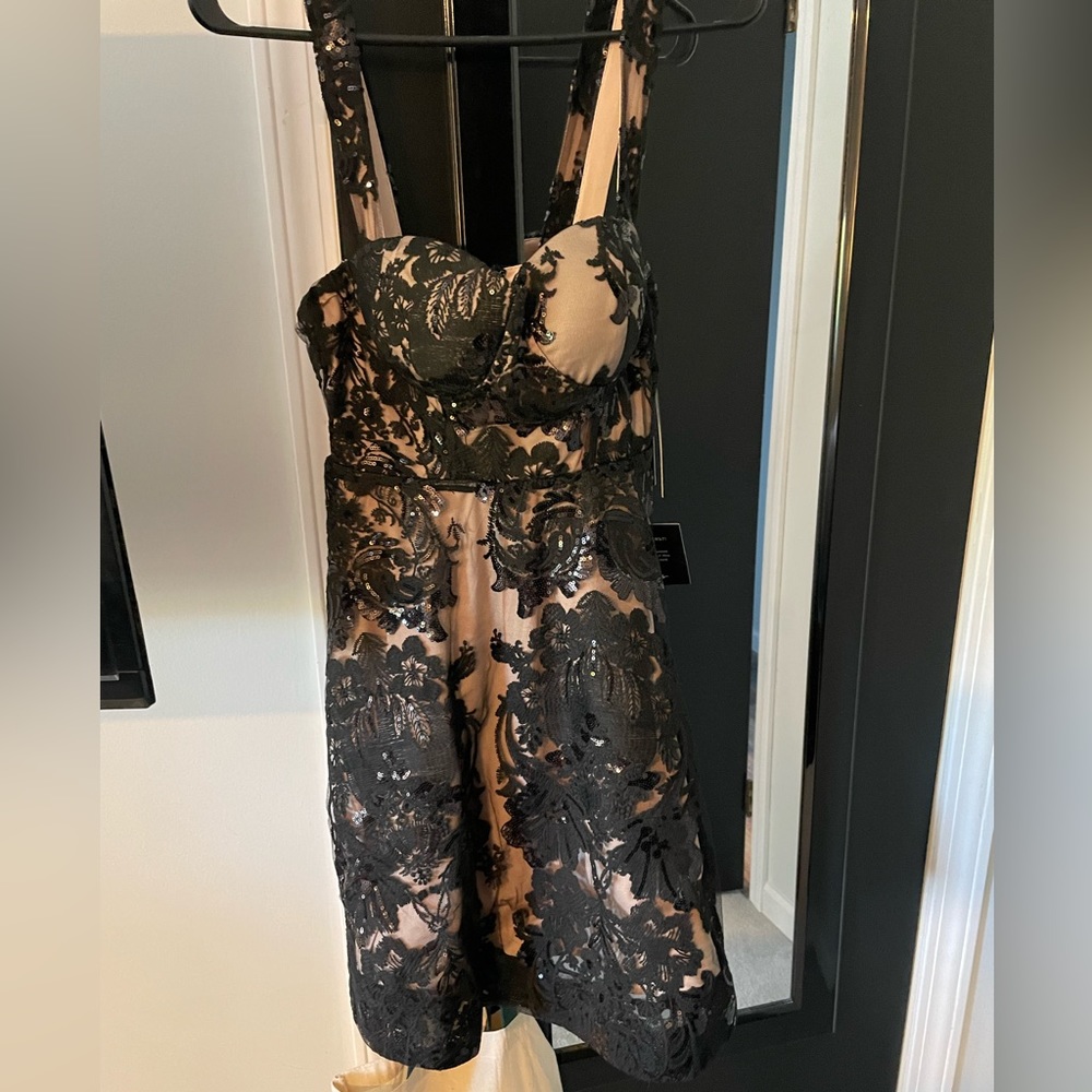 Nude underlay with black and sequins accents. Fit and flare.